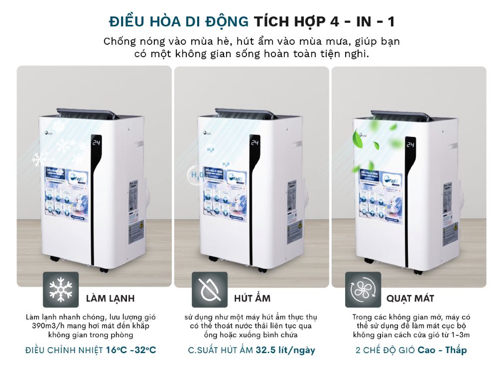 Điều hòa di động FujiE MPAC14 đa chức năng làm lạnh, quạt, hút ẩm