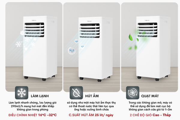 Điều hòa di động Fujihome PAC09 đa chức năng, làm lạnh, hút ẩm, quạt